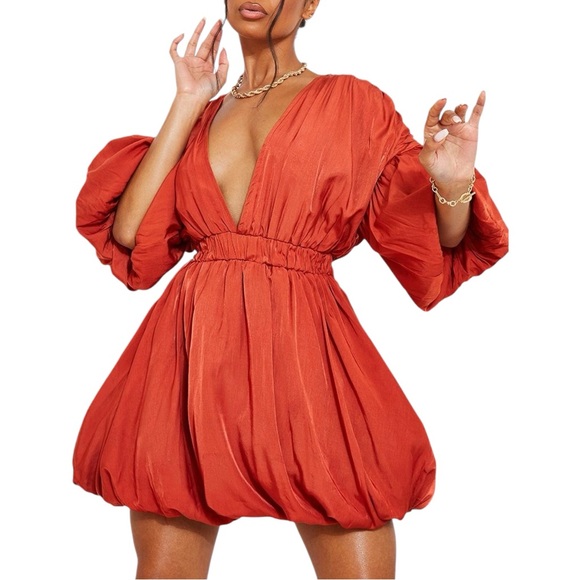NWT PRETTYLITTLETHING Rust Puff Sleeve Puffball Hem Shift Dress. Size 0 - Picture 1 of 11